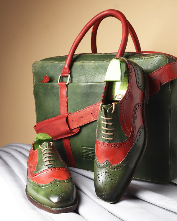 Combo - Green & Red Patina Man Bag + Goodyear Welted Full Brogue Oxfords