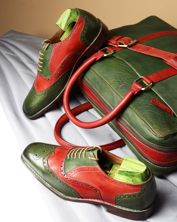 Combo - Green & Red Patina Man Bag + Goodyear Welted Full Brogue Oxfords