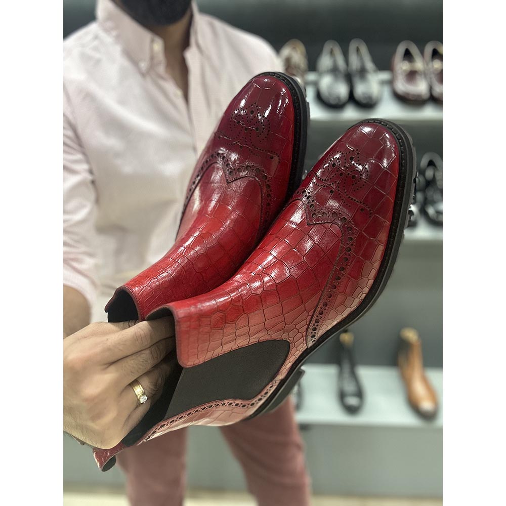 Red Croco Mirror Glossed Patina Croco Chelsea Extralight Boot With Zip