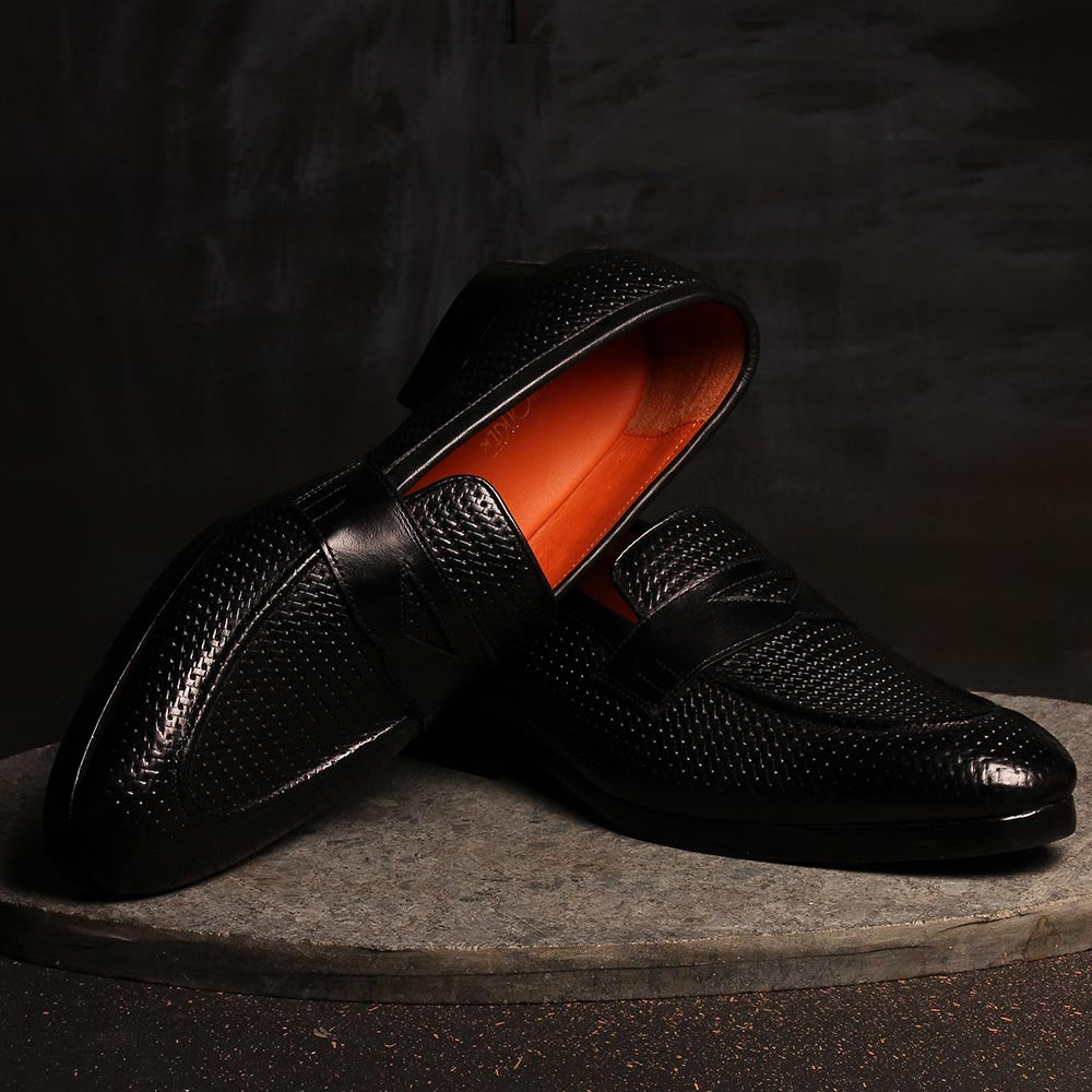 Black Glossed Woven detail Penny Loafers - Main Image