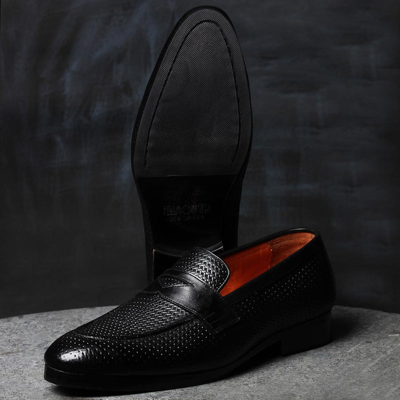 Black Glossed Woven detail Penny Loafers