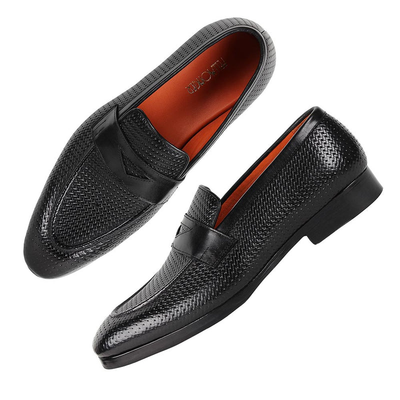 Black Glossed Woven detail Penny Loafers