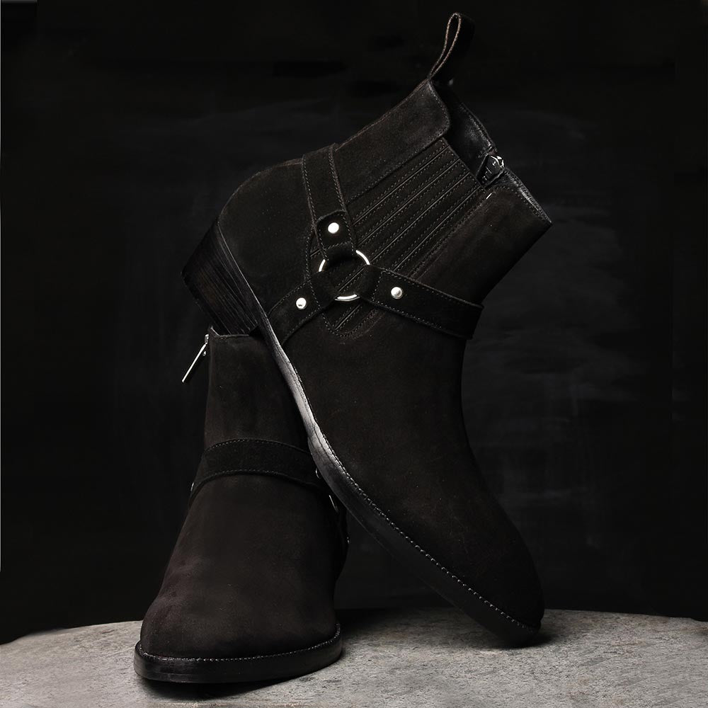Black Suede Harness Boots – FELLMONGER - Main Image