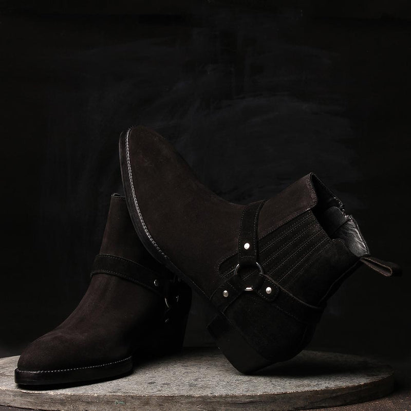Black Suede Harness Boots