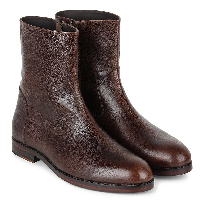 Brown Milled Classic Round Toe Boots with Zip