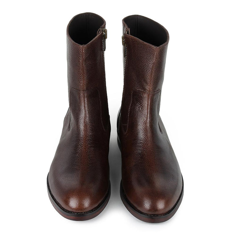 Brown Milled Classic Round Toe Boots with Zip