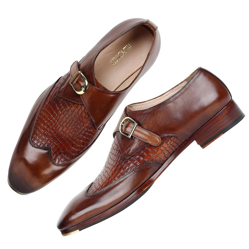 Brown Mirror Glossed Single Monk with croco detail and metal toe