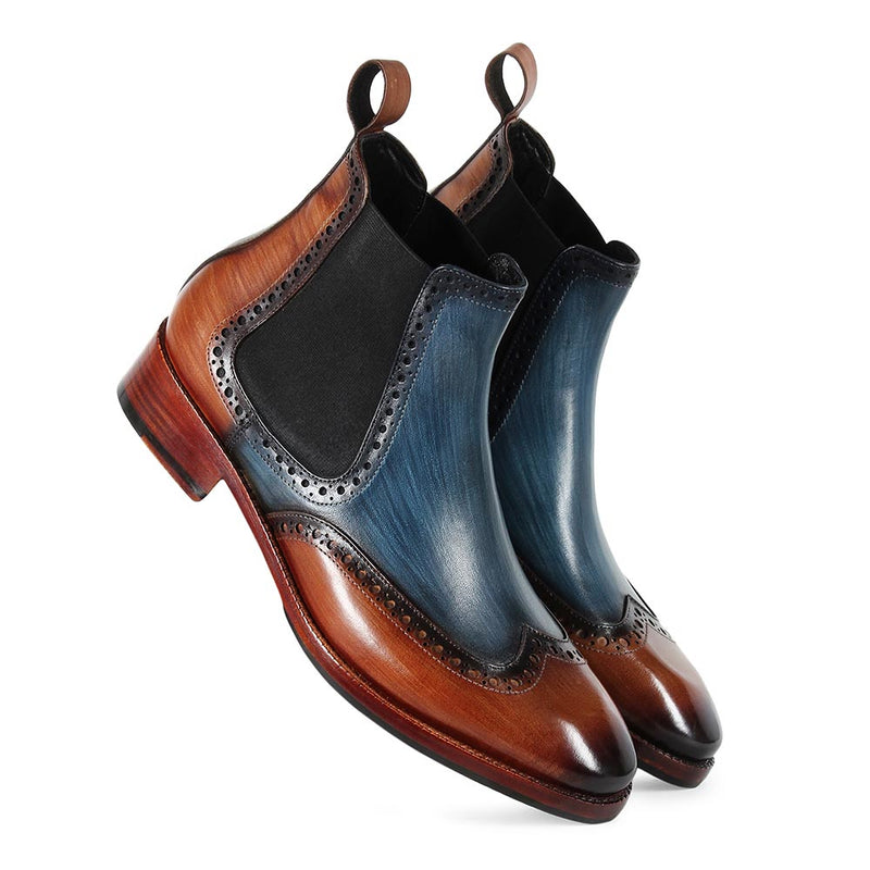 Tan + Blue Mirror Glossed Brush stroke Patina Chelsea Boots