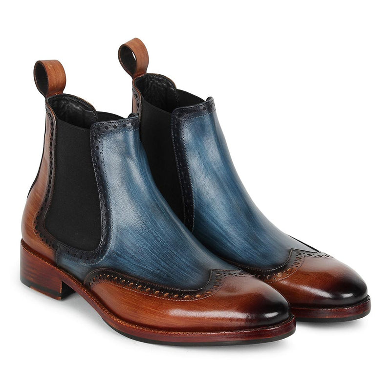 Tan + Blue Mirror Glossed Brush stroke Patina Chelsea Boots