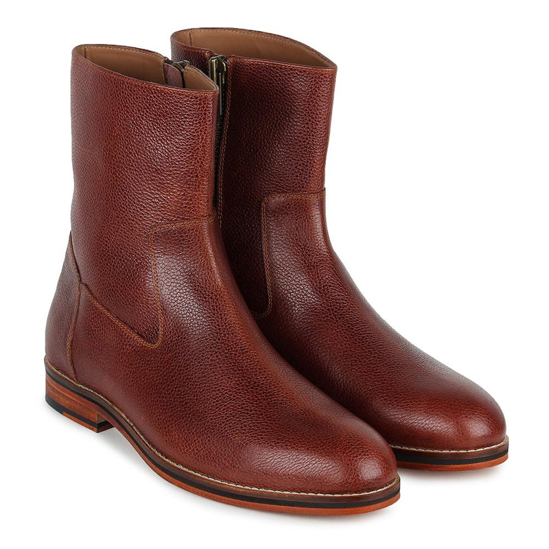 Tan Milled Classic Round Toe Boots with Zip