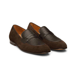 Brown Suede Penny Loafers with Black Grain Leather Vamp