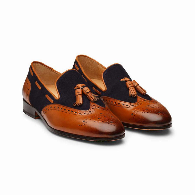 Tan + Navy Suede Combination Tassel Loafer