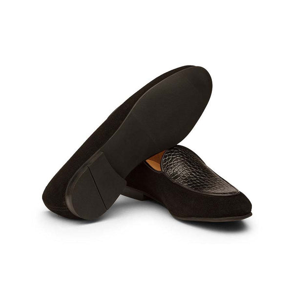 Black Croco Suede Belgian Loafers
