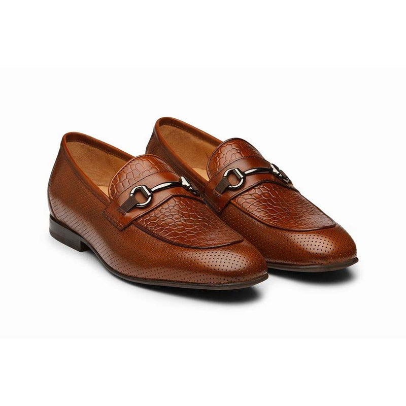 Cognac Punched Croco Buckle Loafers
