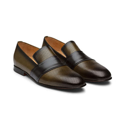 Olive Punched Loafers with Strap