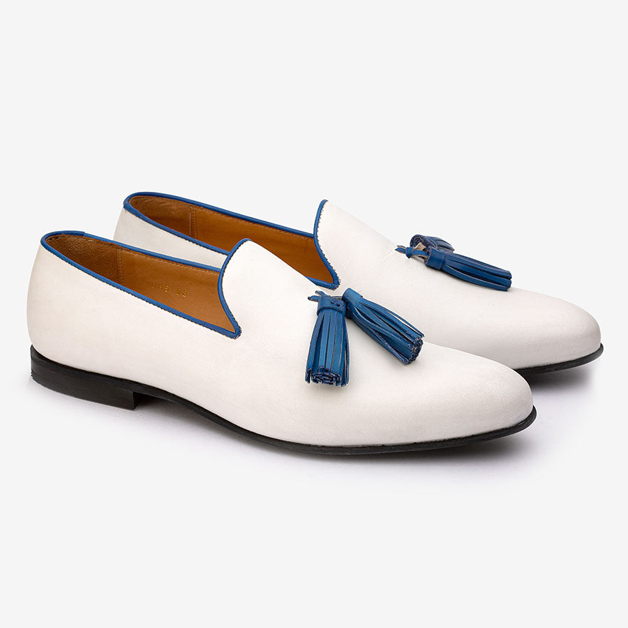 White Loafers with Blue Tassels
