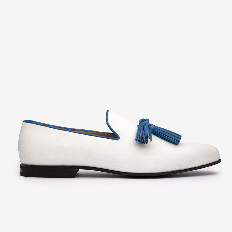 White Loafers with Blue Tassels
