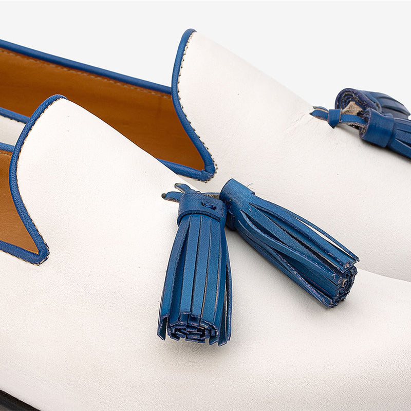 White Loafers with Blue Tassels