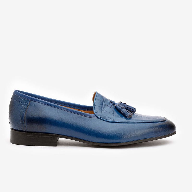 Blue Low Cut Tassel Loafers with Croco detail