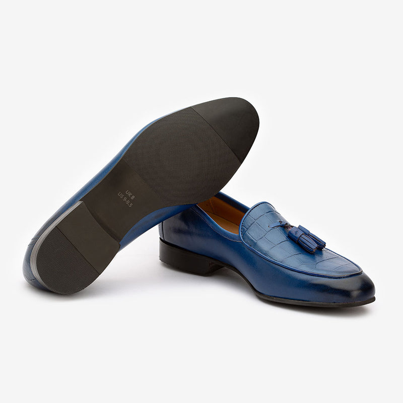 Blue Low Cut Tassel Loafers with Croco detail