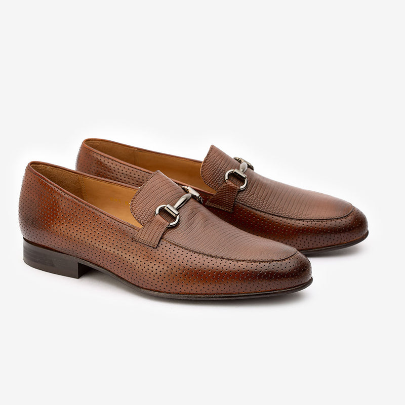 Brown Perforated Buckle Loafers with Lizaard Pattern detail