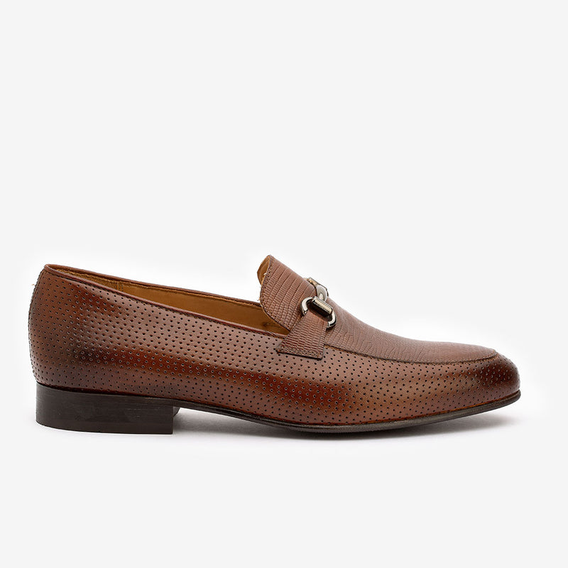 Brown Perforated Buckle Loafers with Lizaard Pattern detail