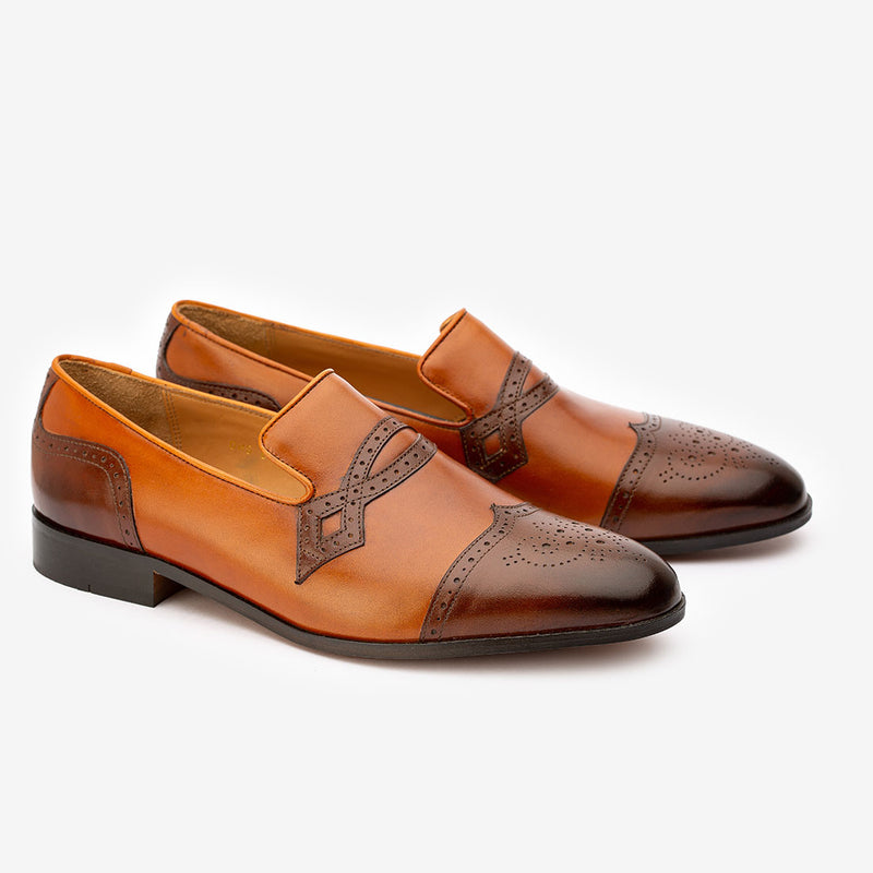 Tan + Brown Dual Tone Decorated Loafers