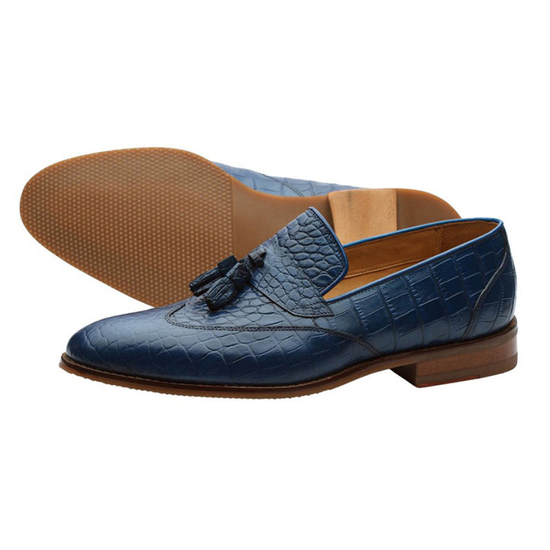 Blue Croco Wingcap Tassel Loafers