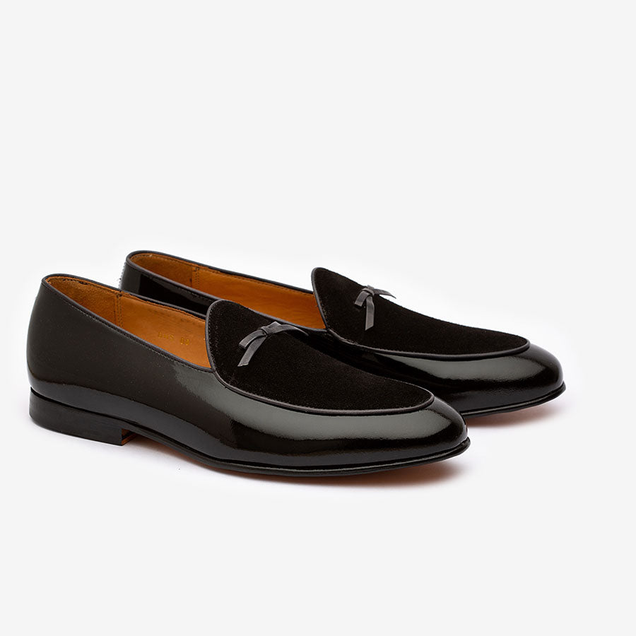 Black Patent Bowtie Loafers with Velvet Vamp