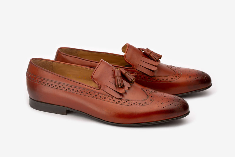 Brown French Tassel Loafers With Wing Tip