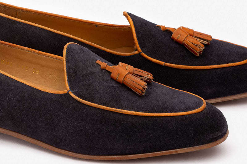 Navy Suede Belgian Loafers With Tan Tassles