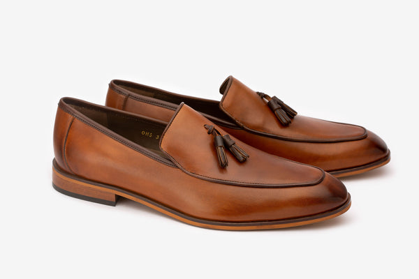 Tan Square Toe Loafer With Brown Tassels