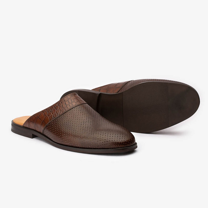 Brown Perforated Mule with Croco Detail