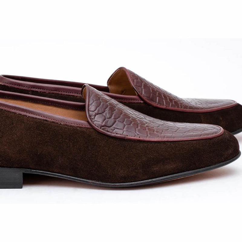 Brown Suede Loafer With Burgundy Croco Detail