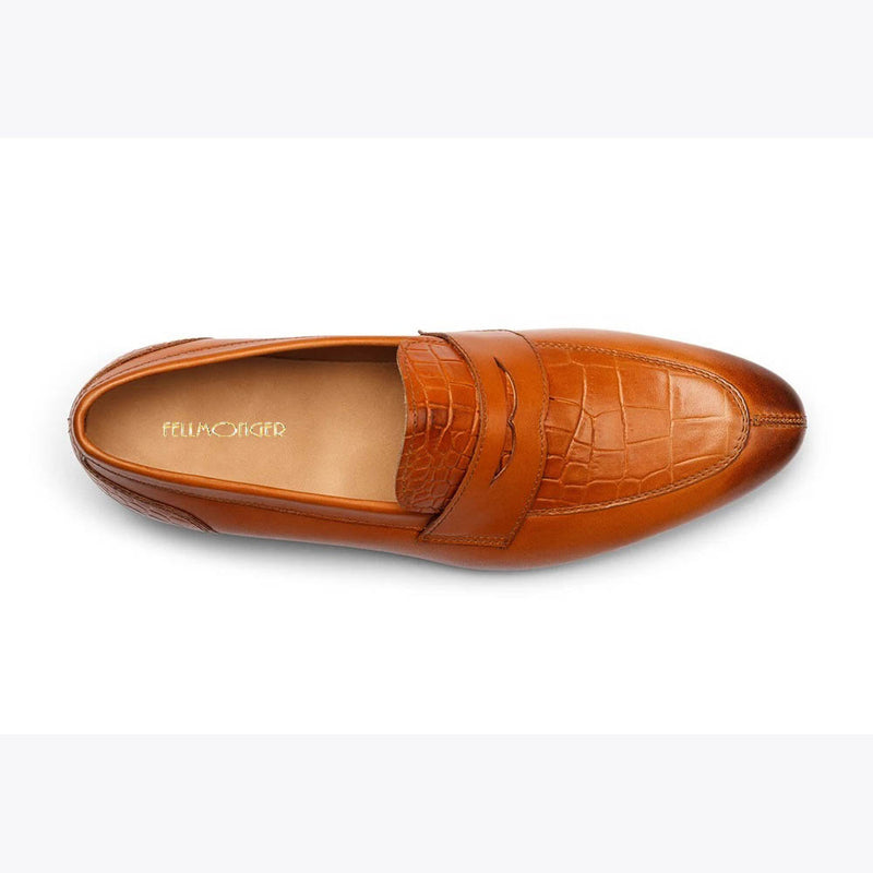 Tan Apron Toe Loafers With Croco Detail
