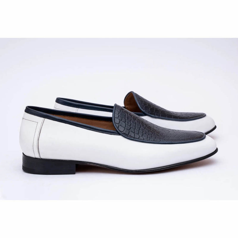 White Loafers With Navy Croco Detail
