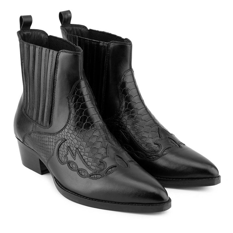 Black Western Cowboy Boot With Croco Detail