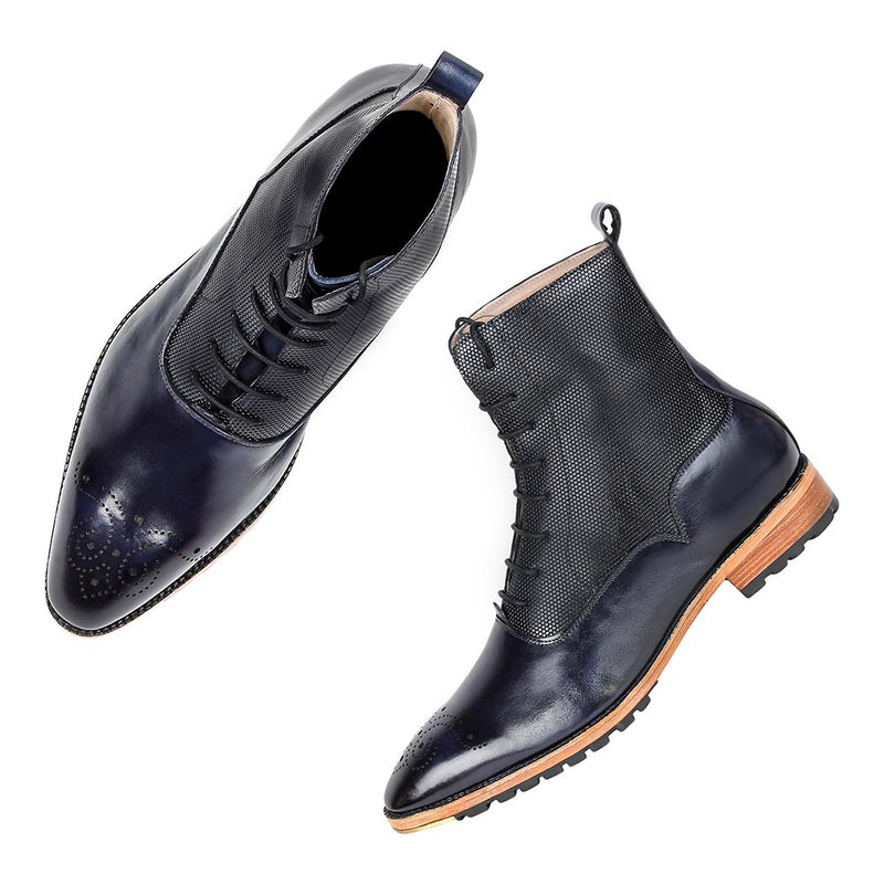 Navy Blue Brogue Boots With Metal Toe