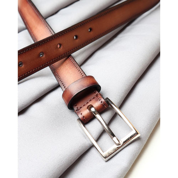 Light Tan Washed Handpainted Patina Leather Belt with Slim Buckle
