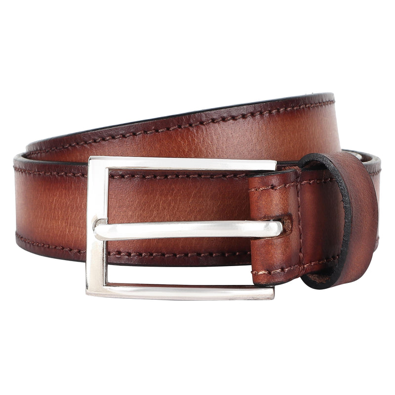 Light Tan Washed Handpainted Patina Leather Belt with Slim Buckle