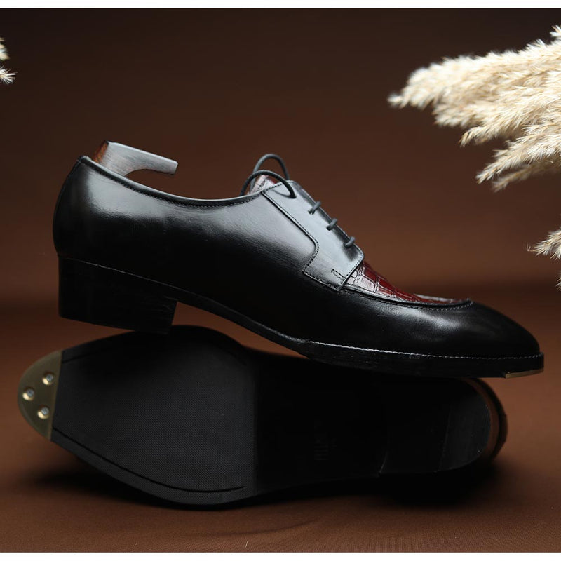 Black + Burgundy Croco Mirror Glossed Patina Derby + Cuban Stacked Heel & Metal Toe Plate