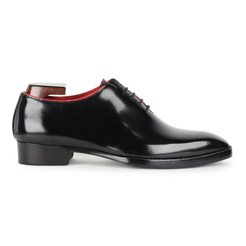 Black Calf Square Toe Wholecuts With Red Piping Detail