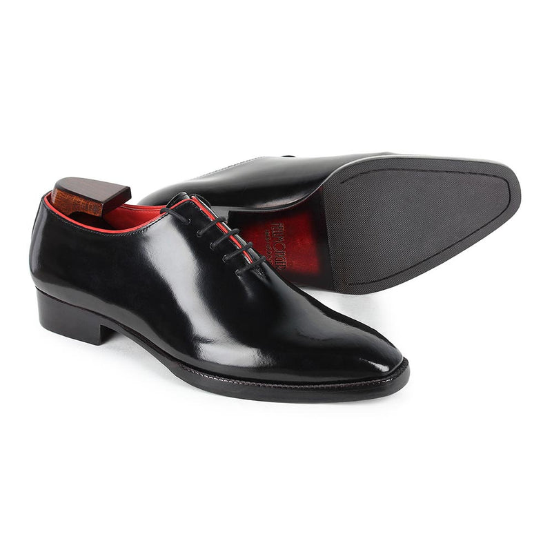 Black Calf Square Toe Wholecuts With Red Piping Detail