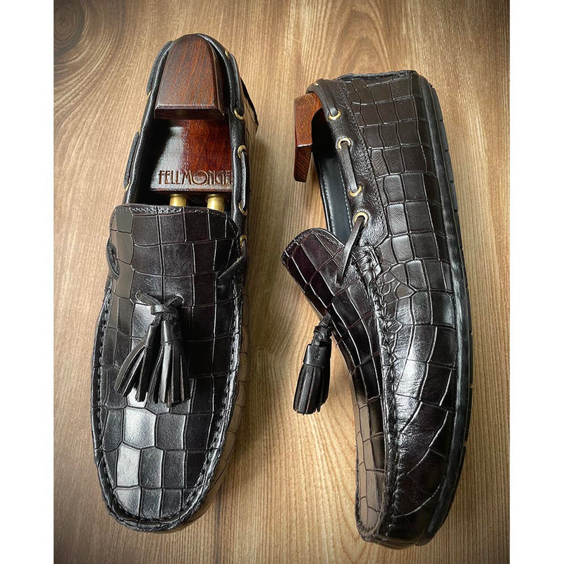 Black Croco Glossed Tassel Driving Loafers