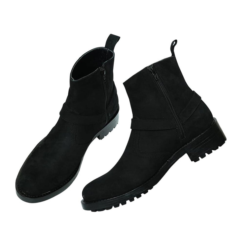 Black Nubuck Riding Boots With Harness And Commando Heavy Duty Biker Sole