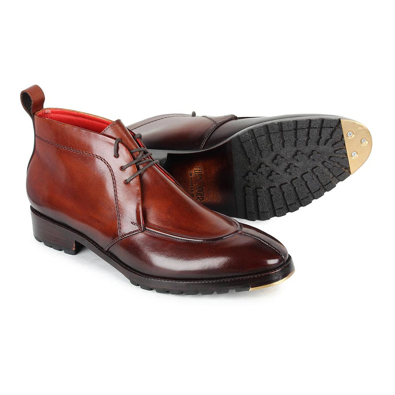 Brown Mirror Glossed Patina Apron Toe Chukka Boot With Metal Toe Plate + Commando Sole