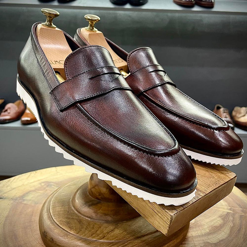 Brown Patina Penny Loafers With White  Extralight  Textured Sole