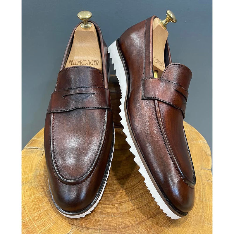 Brown Patina Penny Loafers With White  Extralight  Textured Sole