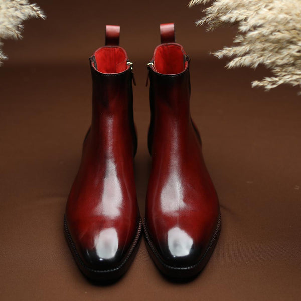 Burgundy Mirror Glossed Patina Zip Boots