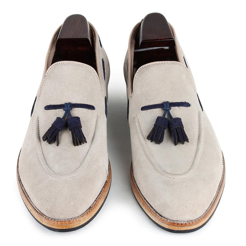 Cream Suede With Blue Tassel Classic Loafers